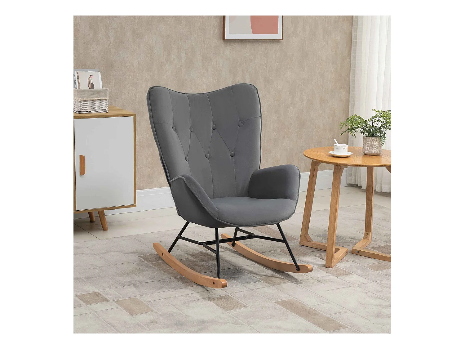 Fauteuil à bascule avec accoudoirs, tissu en velours, cadre en métal, gris, (65x70x96 cm)