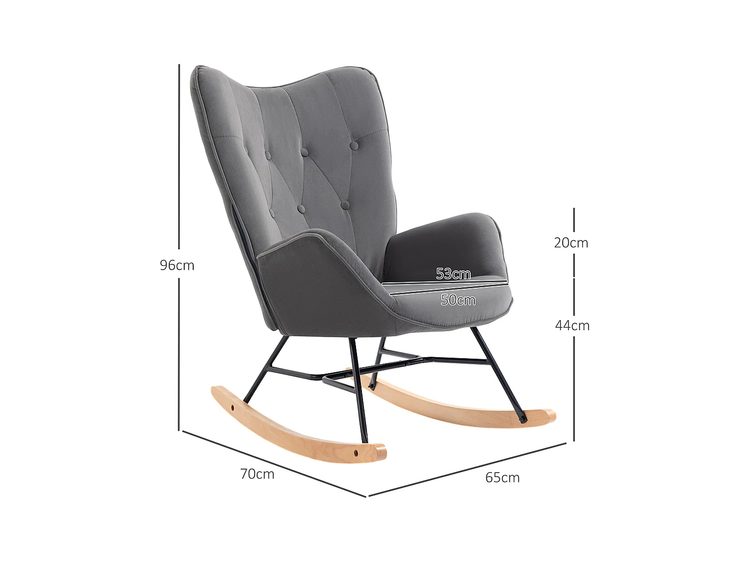 Fauteuil à bascule avec accoudoirs, tissu en velours, cadre en métal, gris, (65x70x96 cm)