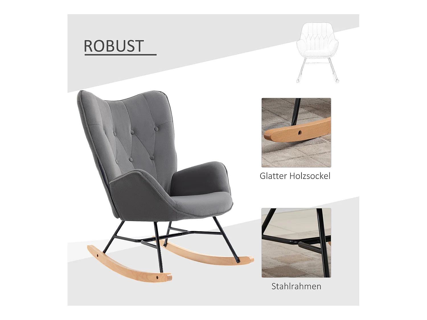 Fauteuil à bascule avec accoudoirs, tissu en velours, cadre en métal, gris, (65x70x96 cm)