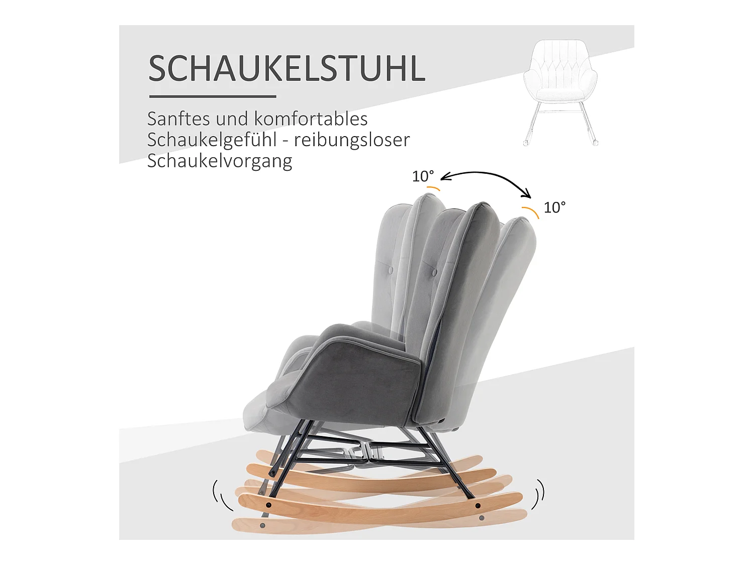 Fauteuil à bascule avec accoudoirs, tissu en velours, cadre en métal, gris, (65x70x96 cm)