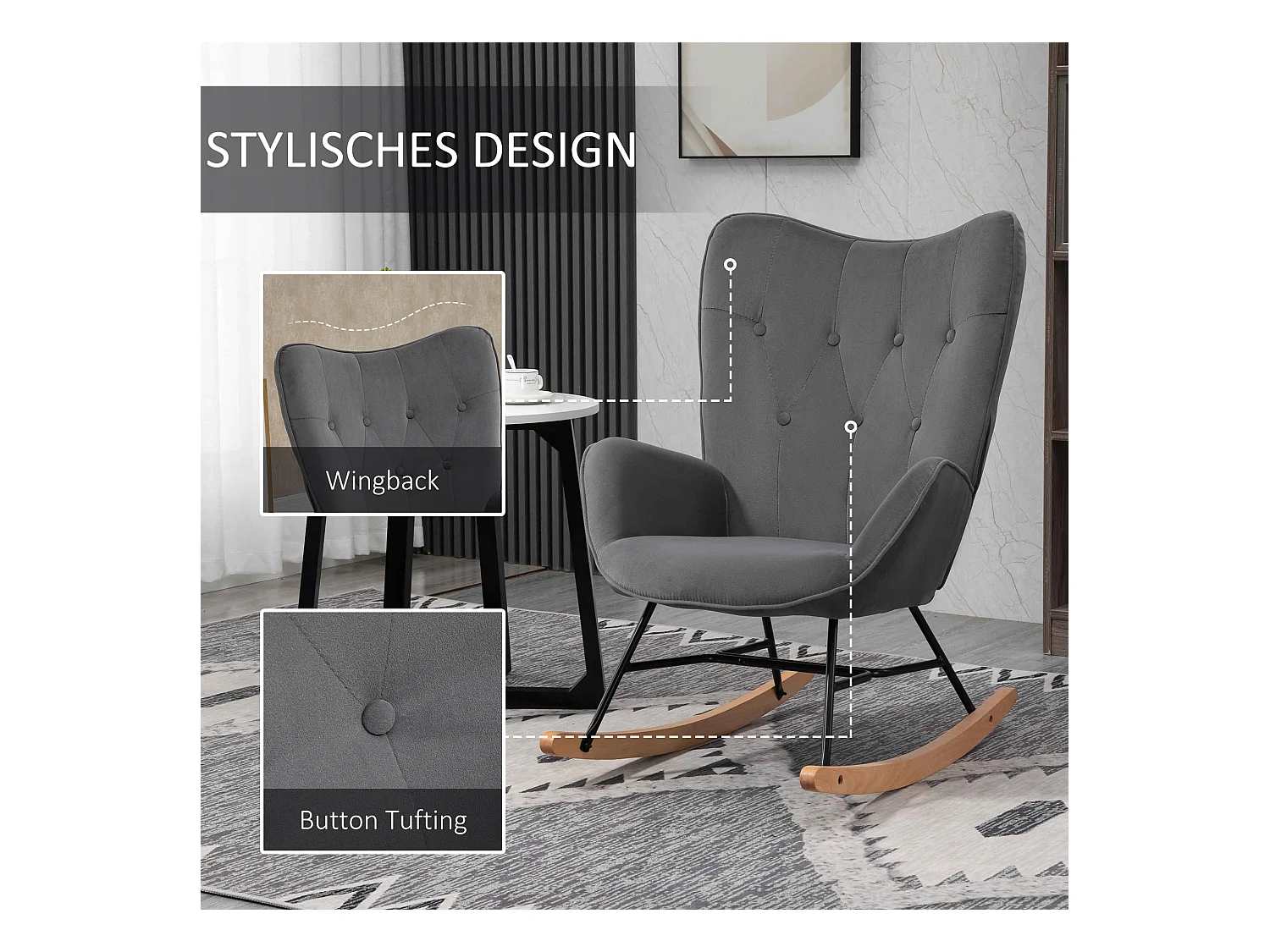 Fauteuil à bascule avec accoudoirs, tissu en velours, cadre en métal, gris, (65x70x96 cm)