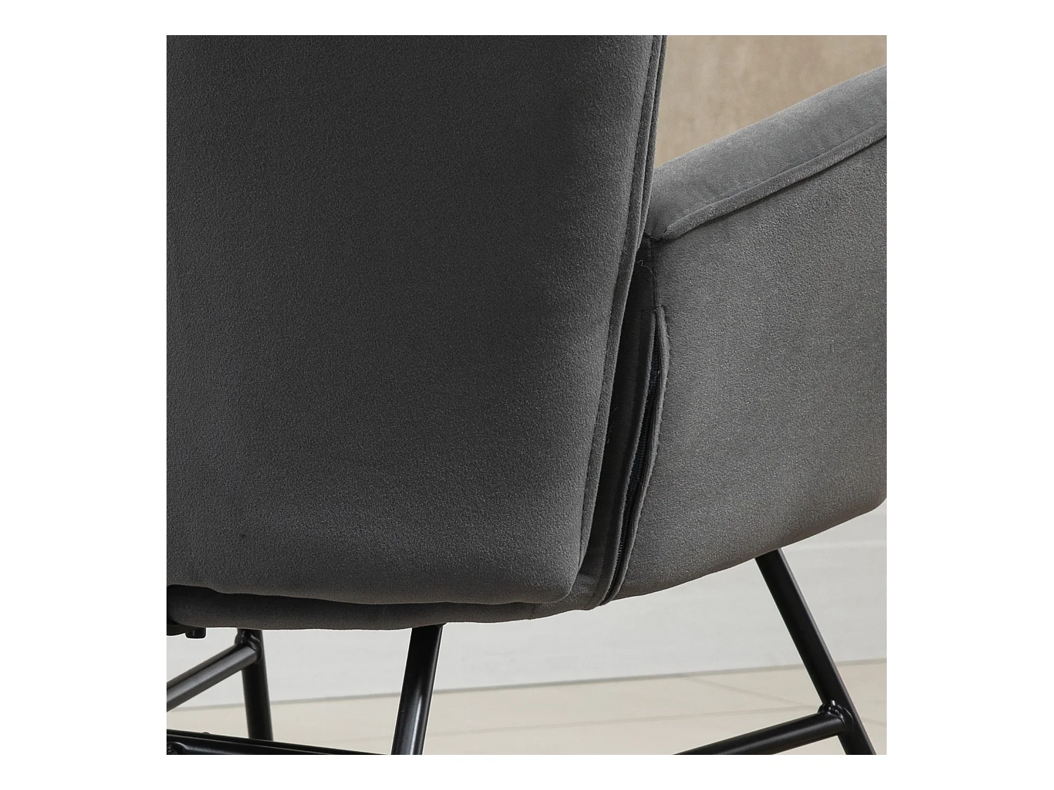 Fauteuil à bascule avec accoudoirs, tissu en velours, cadre en métal, gris, (65x70x96 cm)