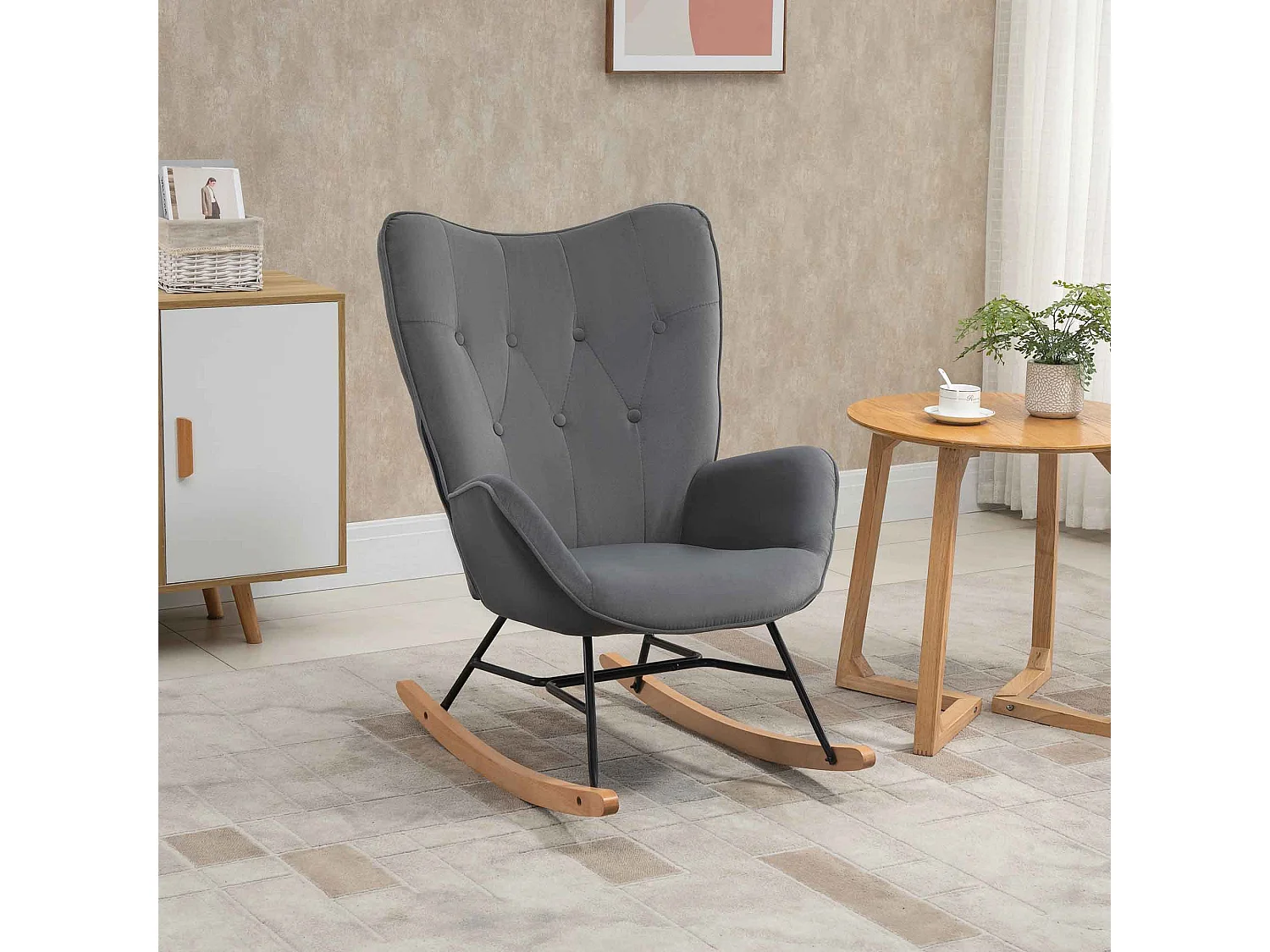 Schaukelstuhl mit Armlehnen, Samtstoff, Metallgestell, grau, (65x70x96 cm)