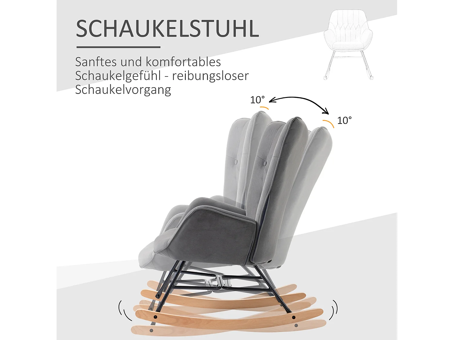 Schaukelstuhl mit Armlehnen, Samtstoff, Metallgestell, grau, (65x70x96 cm)