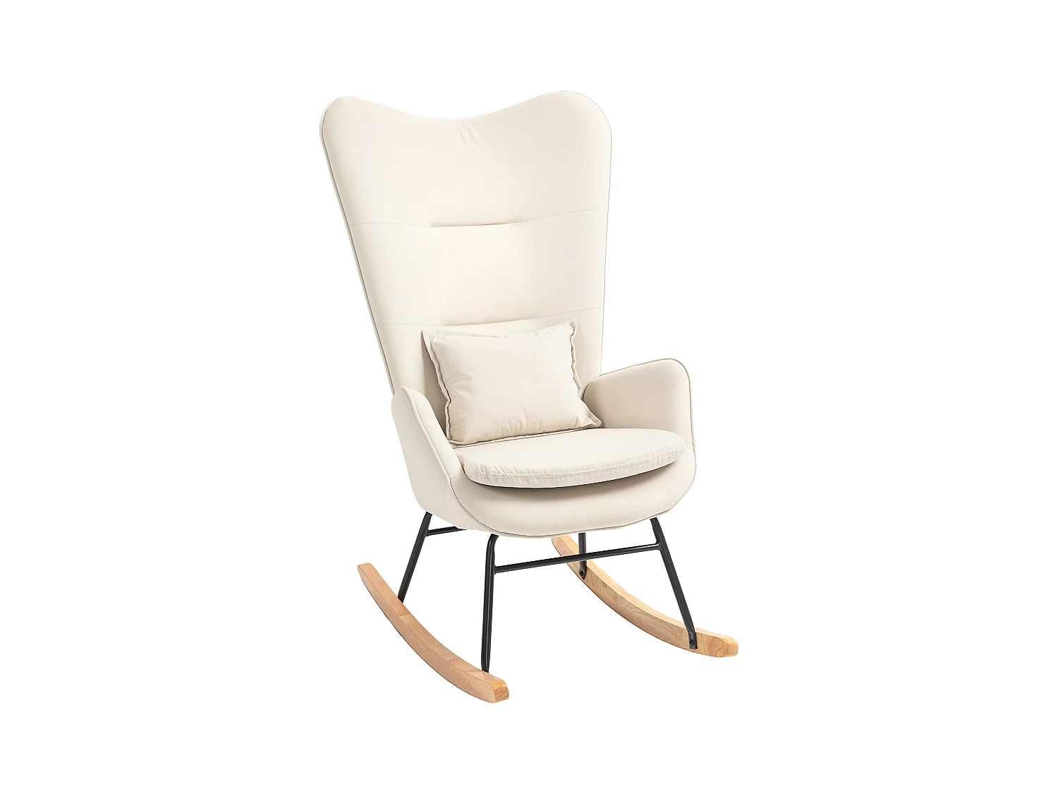 Fauteuil à bascule avec accoudoirs, tissu velours beige, coussin lombaire inclus, design ergonomique (67x85x112cm)