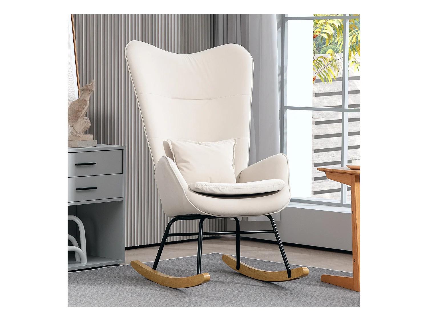 Fauteuil à bascule avec accoudoirs, tissu velours beige, coussin lombaire inclus, design ergonomique (67x85x112cm)