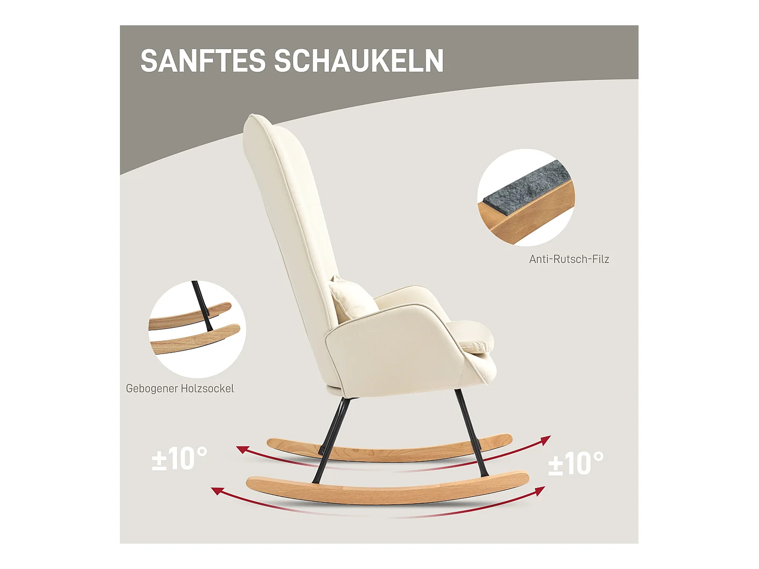 Fauteuil à bascule avec accoudoirs, tissu velours beige, coussin lombaire inclus, design ergonomique (67x85x112cm)