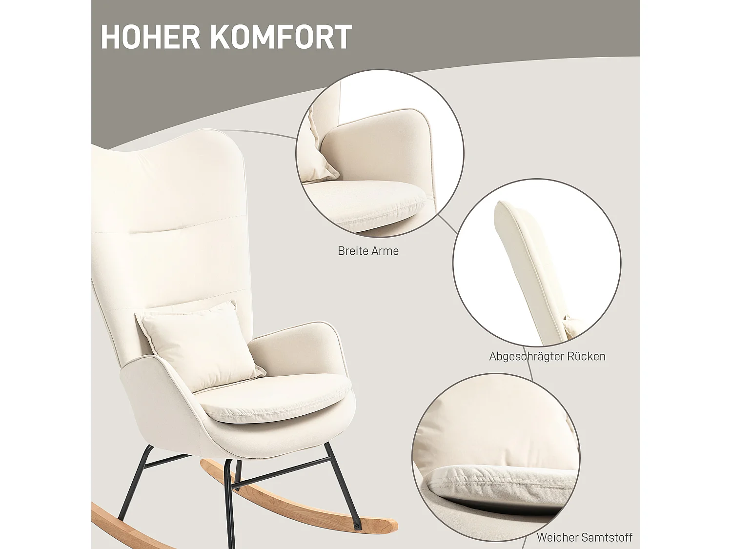 Fauteuil à bascule avec accoudoirs, tissu velours beige, coussin lombaire inclus, design ergonomique (67x85x112cm)