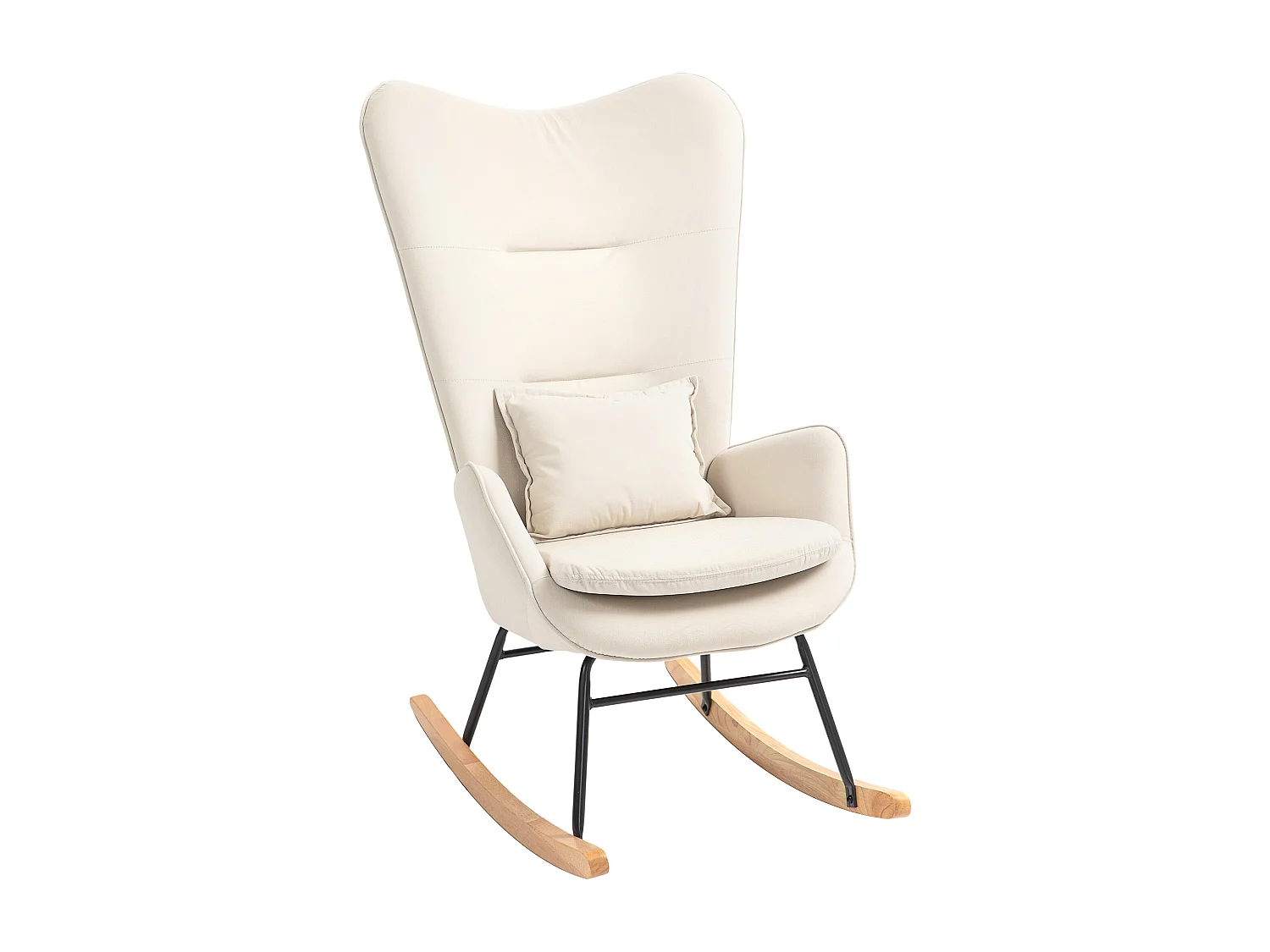 Fauteuil à bascule avec accoudoirs, tissu velours beige, coussin lombaire inclus, design ergonomique (67x85x112cm)