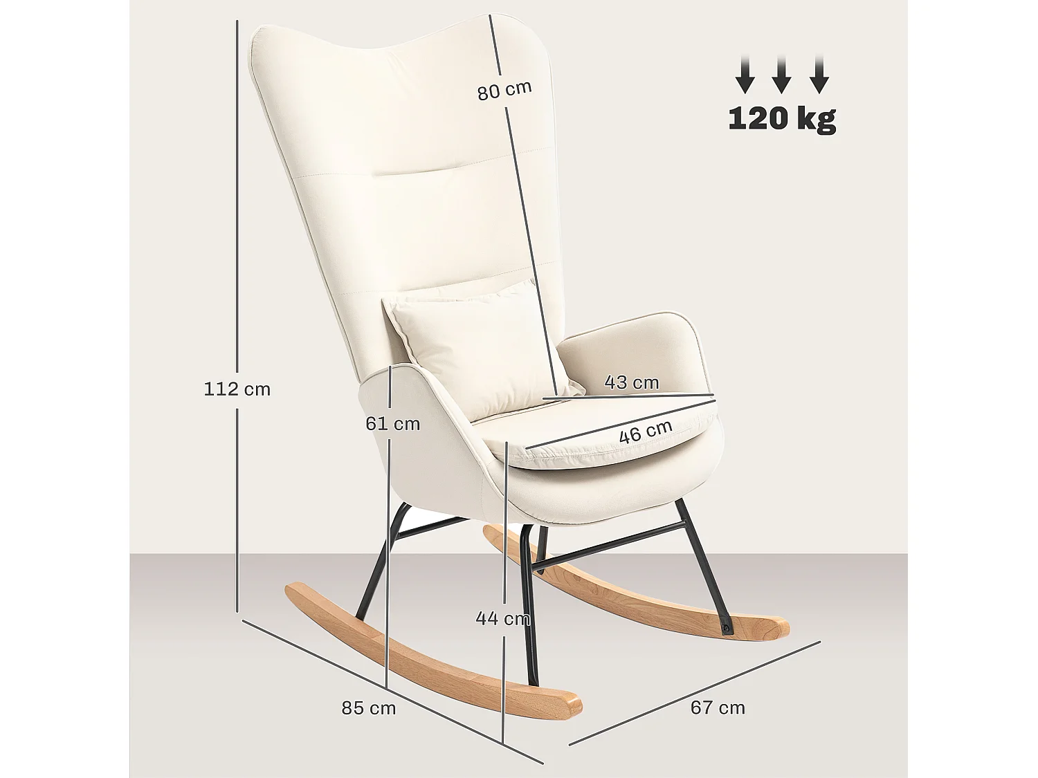 Fauteuil à bascule avec accoudoirs, tissu velours beige, coussin lombaire inclus, design ergonomique (67x85x112cm)
