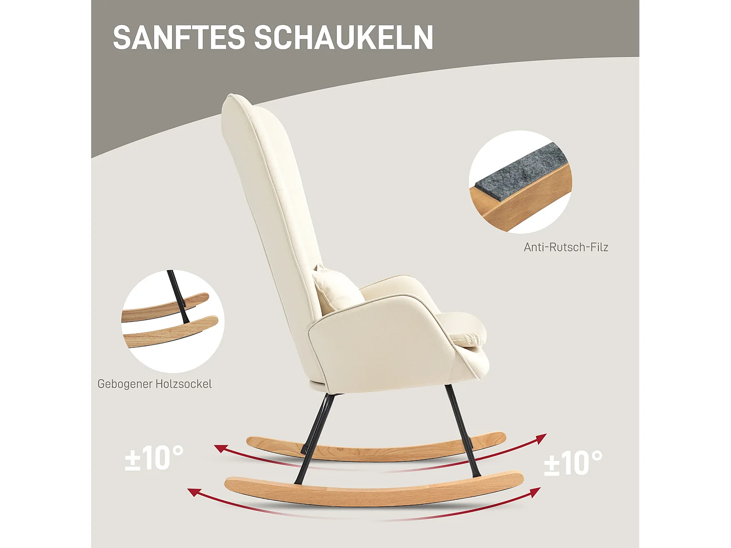 Fauteuil à bascule avec accoudoirs, tissu velours beige, coussin lombaire inclus, design ergonomique (67x85x112cm)