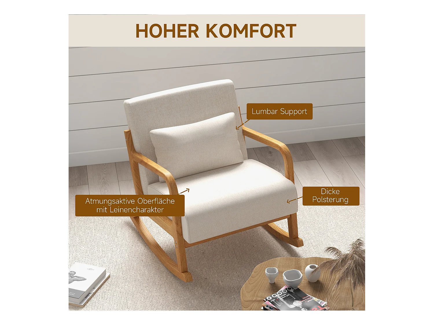 Fauteuil à bascule avec repose-pieds, design moderne, bois, beige (64.5x92x81.5 cm)