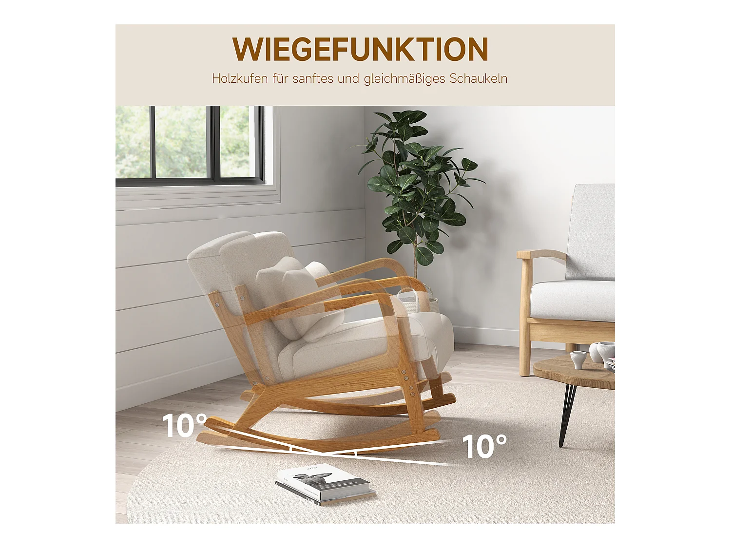 Fauteuil à bascule avec repose-pieds, design moderne, bois, beige (64.5x92x81.5 cm)