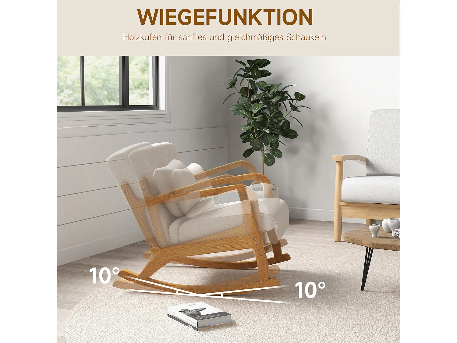 Fauteuil à bascule avec repose-pieds, design moderne, bois, beige (64.5x92x81.5 cm)