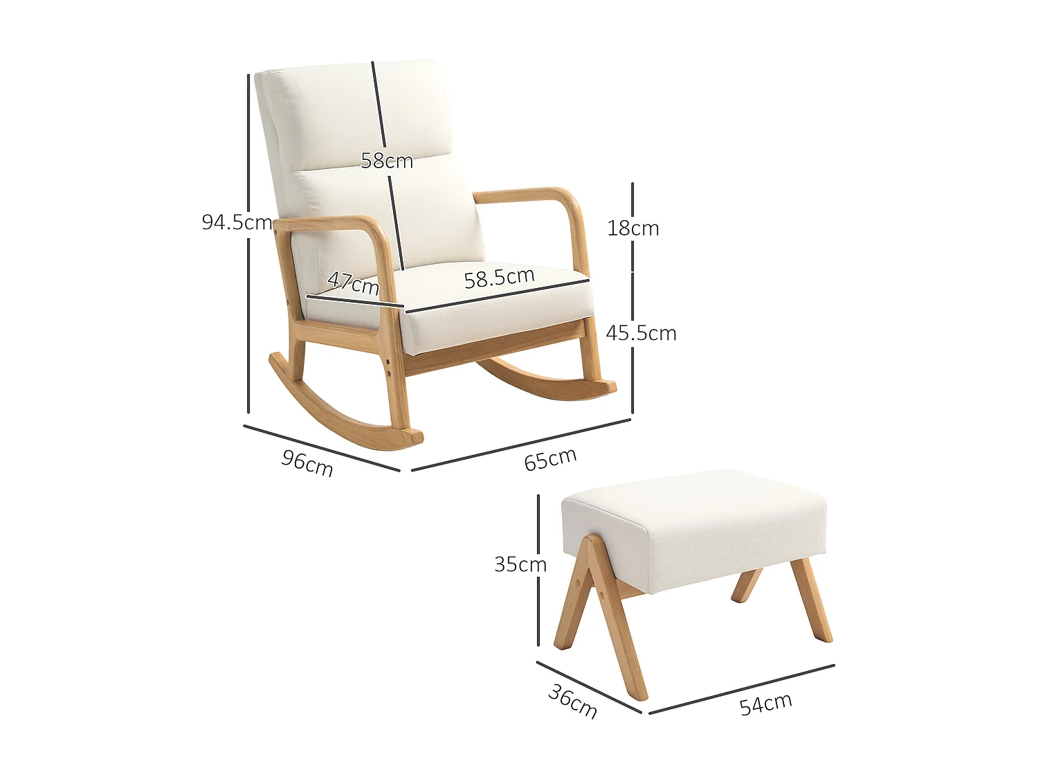 Mecedora con reposapiés, sillón relax con funda de lino, patas de madera, mecedora para dormitorio, salón, capacidad 150 kg (96x65x94,5 cm)