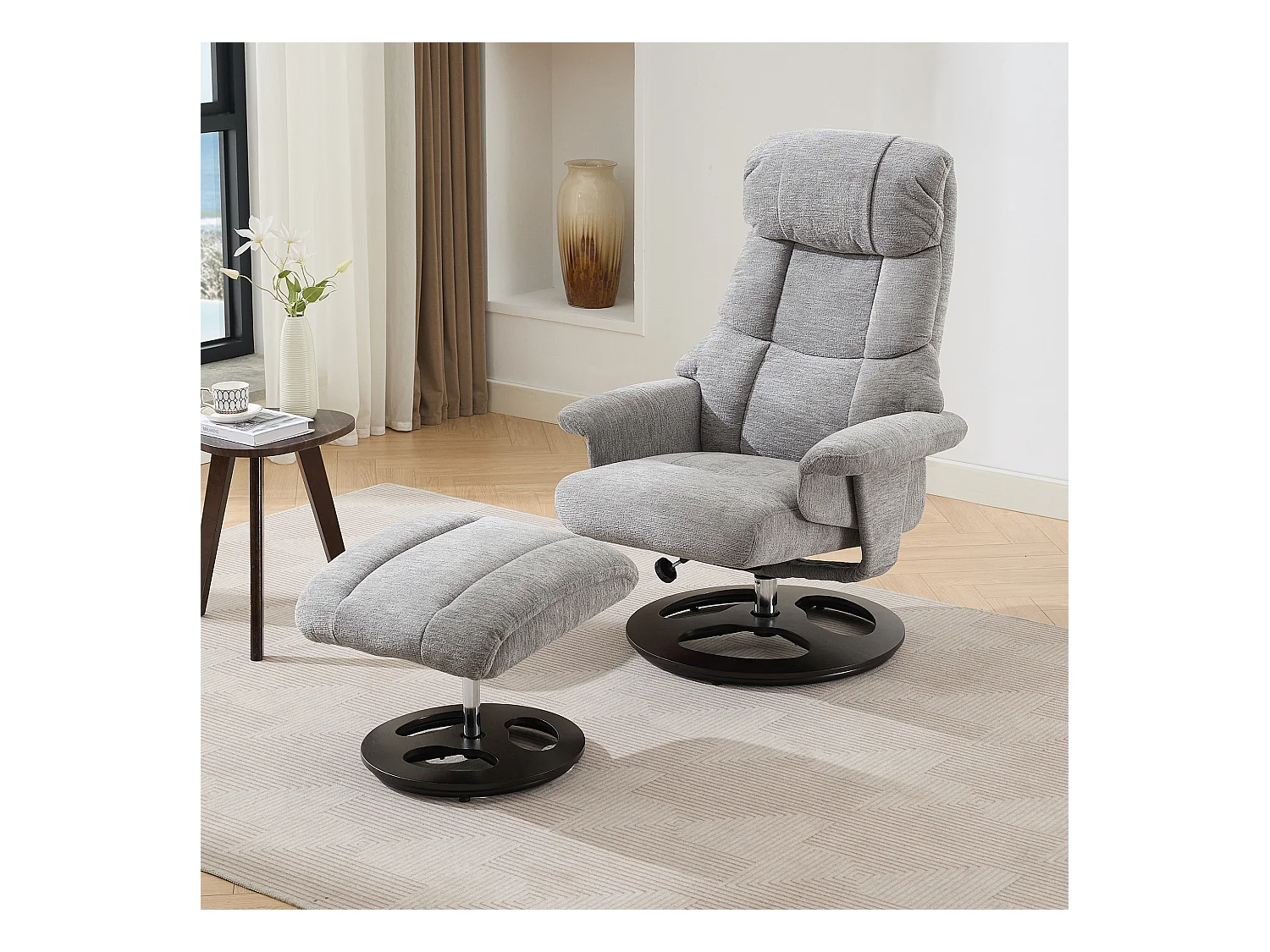 Sillón relax con masaje y calefacción, función reclinable y reposapiés, giratorio 360°, gris chenilla (83,5x81x111 cm)