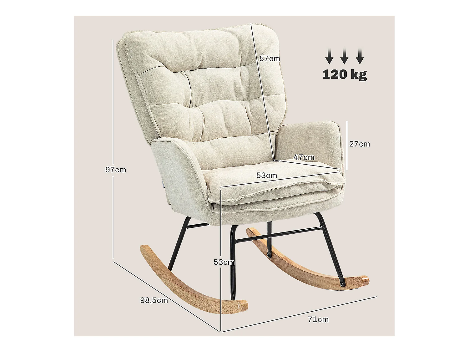 Fauteuil à bascule avec accoudoirs, tissu chenille beige, assise spacieuse et dossier ergonomique (71x98.5x97cm)