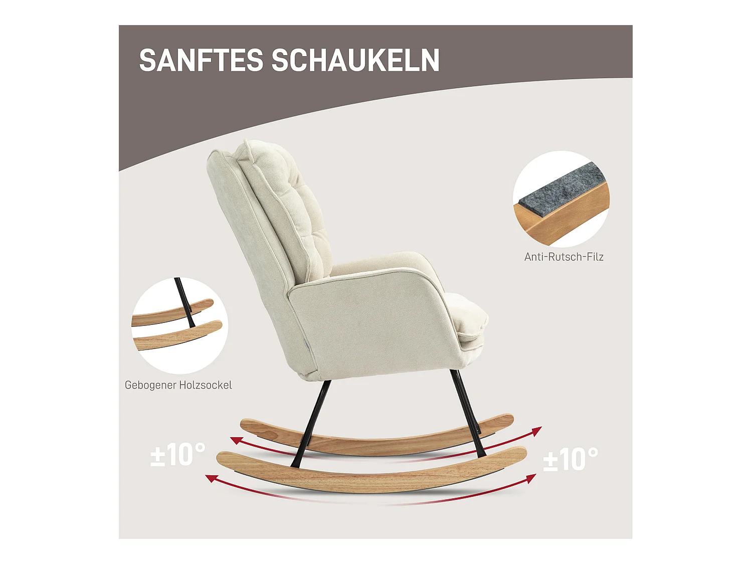 Fauteuil à bascule avec accoudoirs, tissu chenille beige, assise spacieuse et dossier ergonomique (71x98.5x97cm)