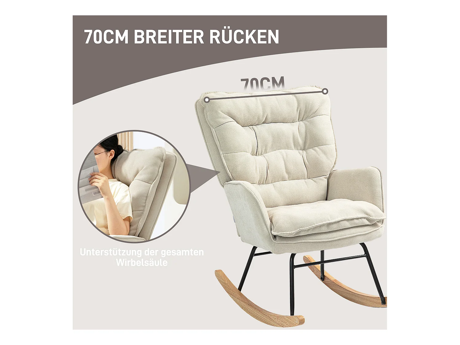 Fauteuil à bascule avec accoudoirs, tissu chenille beige, assise spacieuse et dossier ergonomique (71x98.5x97cm)