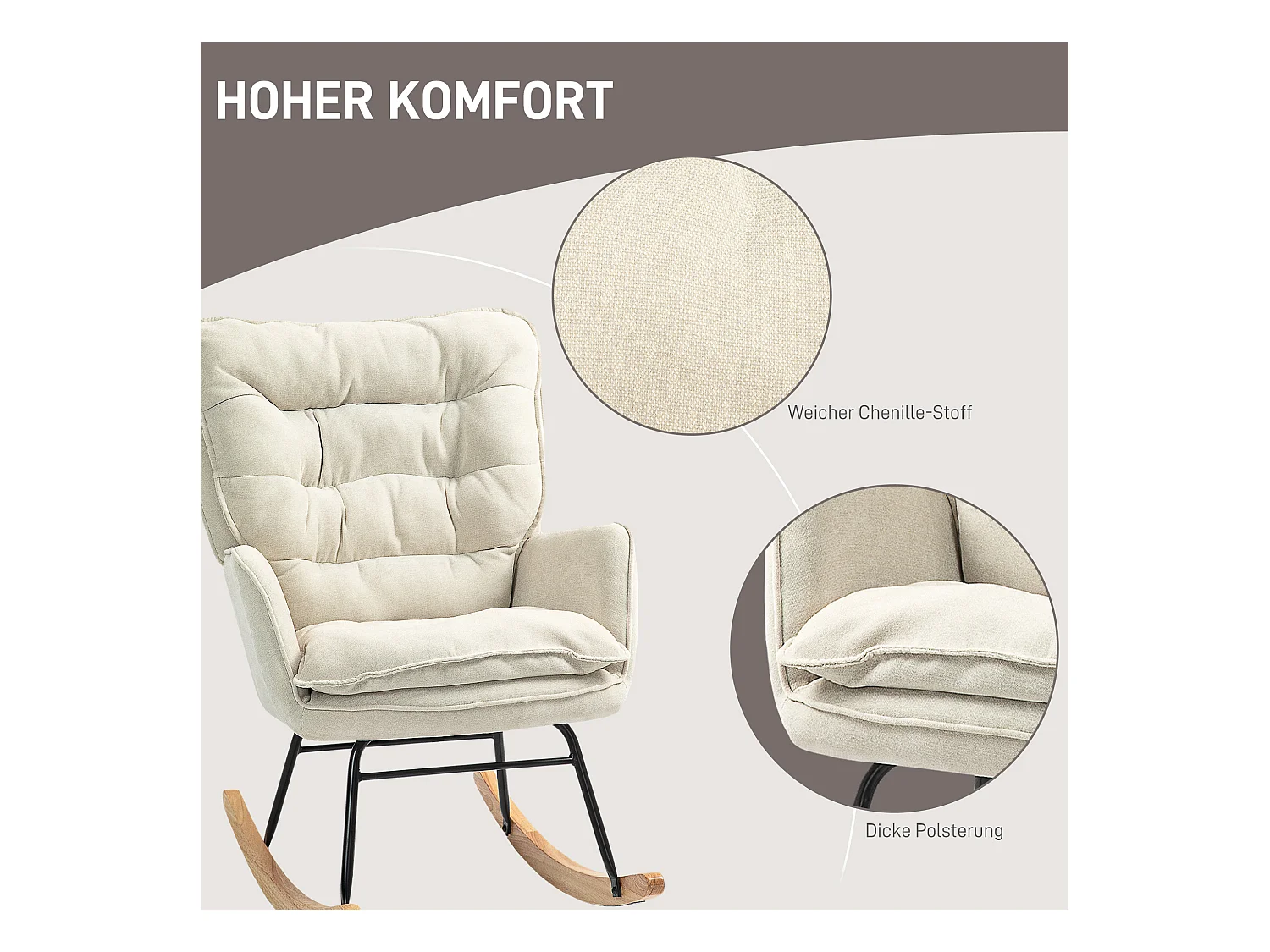 Fauteuil à bascule avec accoudoirs, tissu chenille beige, assise spacieuse et dossier ergonomique (71x98.5x97cm)