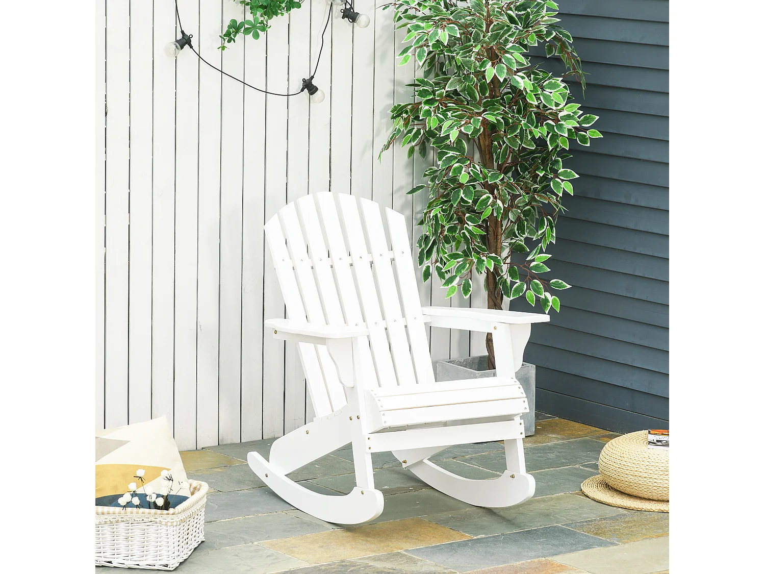 Fauteuil Adirondack, fauteuil à bascule, bois, blanc, idéal pour jardin et balcon (77x94x97 cm)