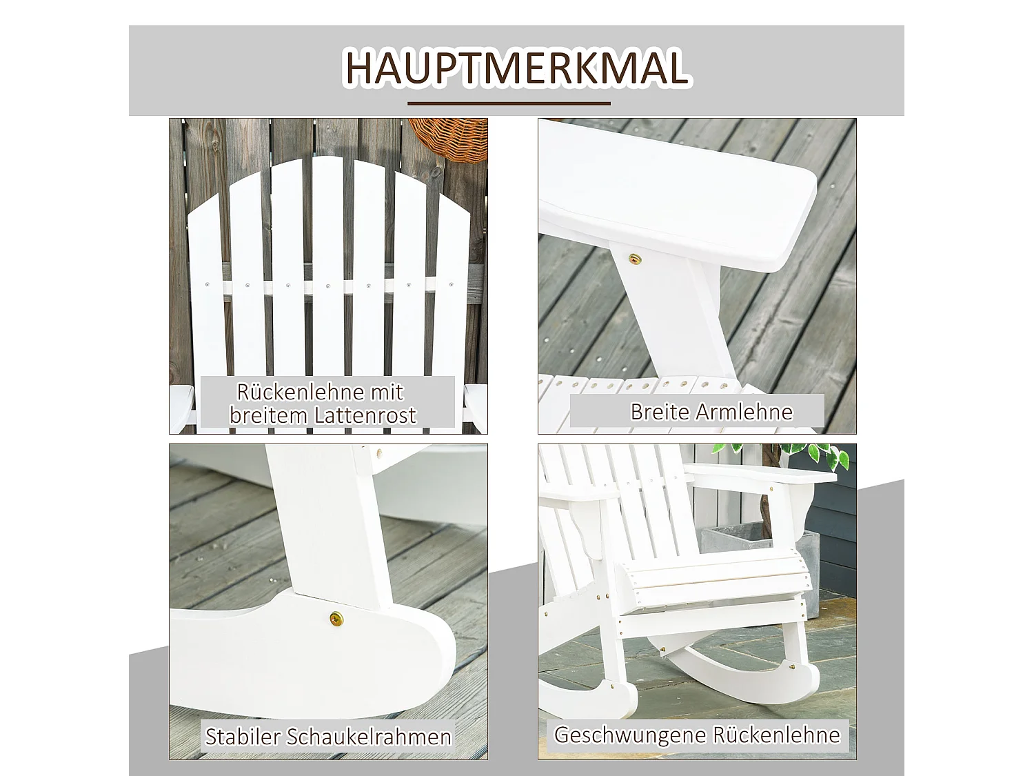 Fauteuil Adirondack, fauteuil à bascule, bois, blanc, idéal pour jardin et balcon (77x94x97 cm)