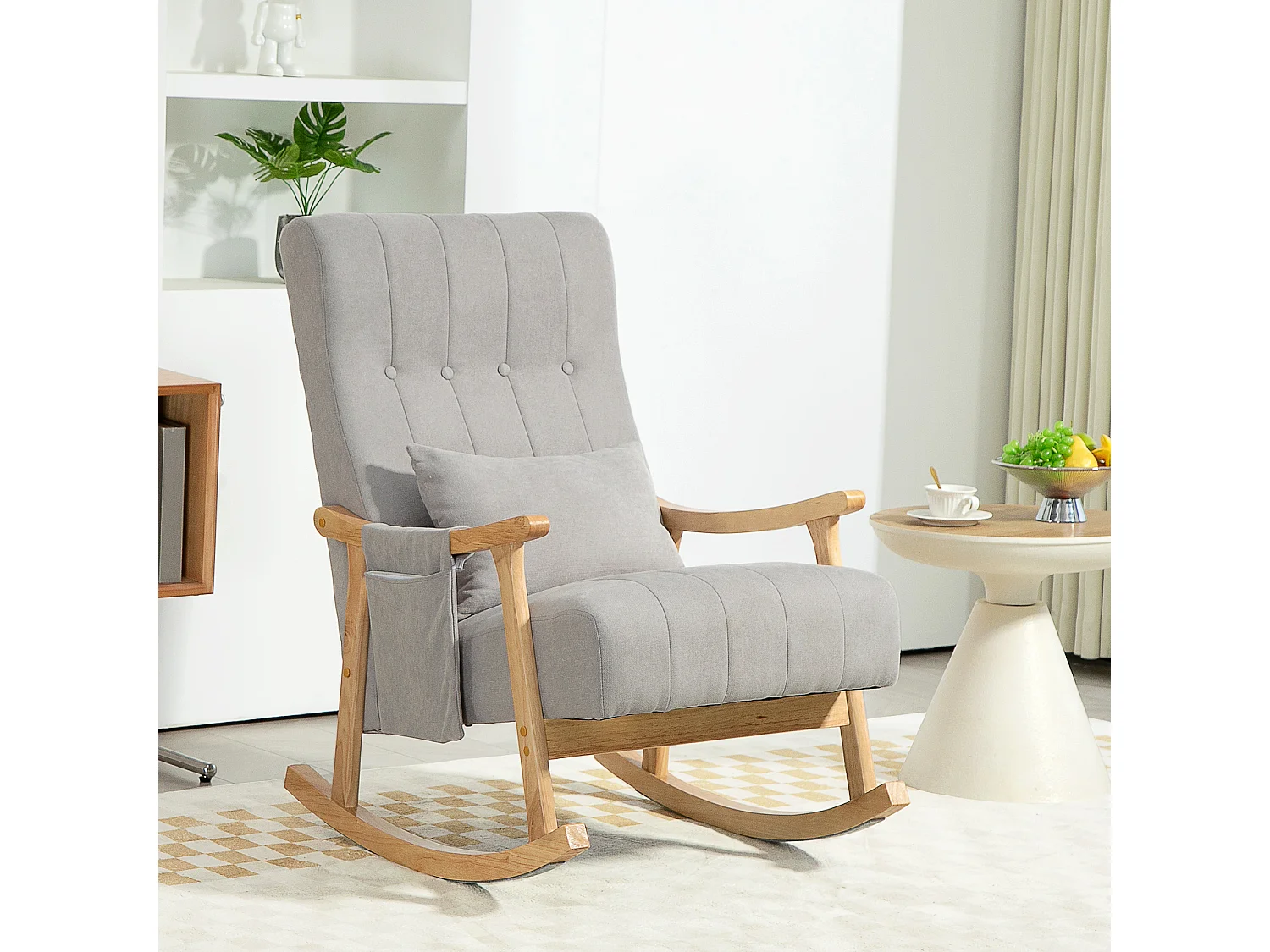 Fauteuil à bascule avec accoudoirs, tissu effet lin, cadre en bois, gris (90x65x98 cm)