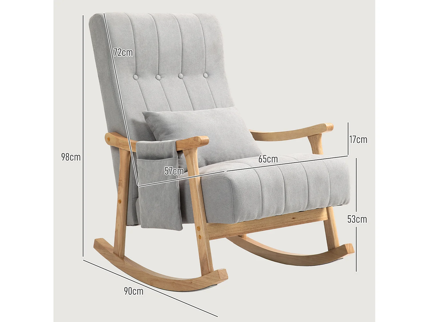Fauteuil à bascule avec accoudoirs, tissu effet lin, cadre en bois, gris (90x65x98 cm)