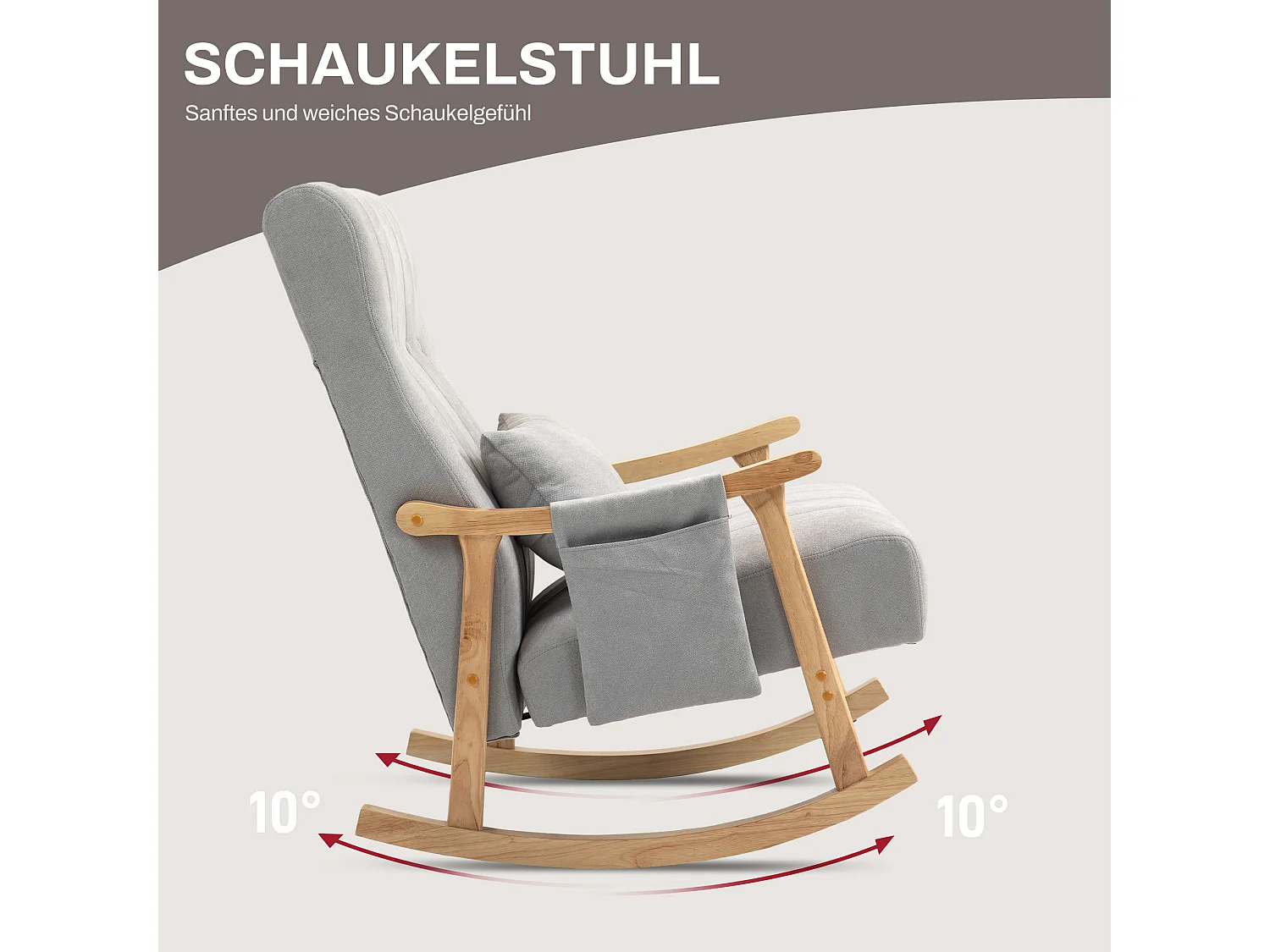 Fauteuil à bascule avec accoudoirs, tissu effet lin, cadre en bois, gris (90x65x98 cm)