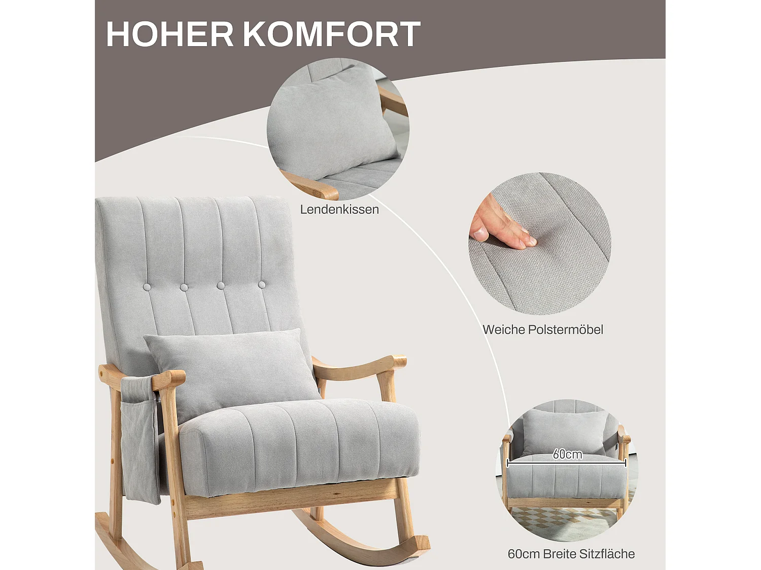 Fauteuil à bascule avec accoudoirs, tissu effet lin, cadre en bois, gris (90x65x98 cm)