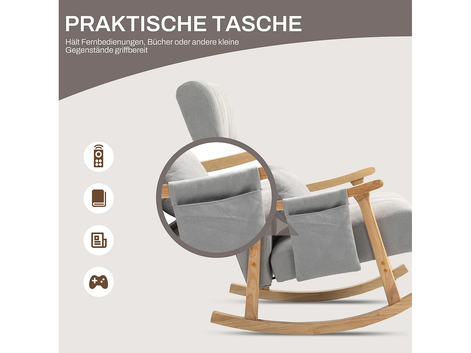 Fauteuil à bascule avec accoudoirs, tissu effet lin, cadre en bois, gris (90x65x98 cm)