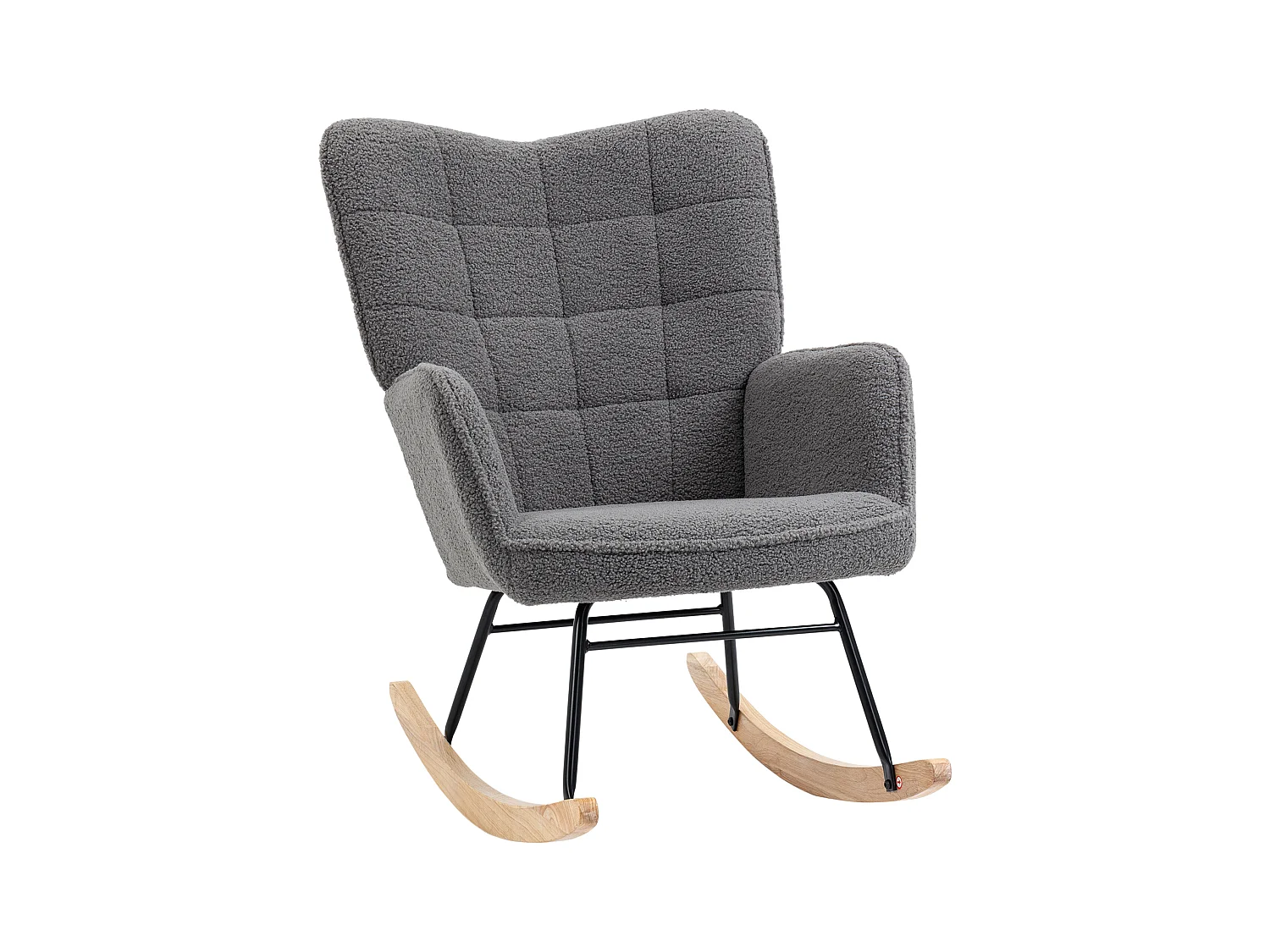 Fauteuil à bascule avec revêtement Berber, accoudoirs, structure bois et acier, gris foncé (71x98x101cm)