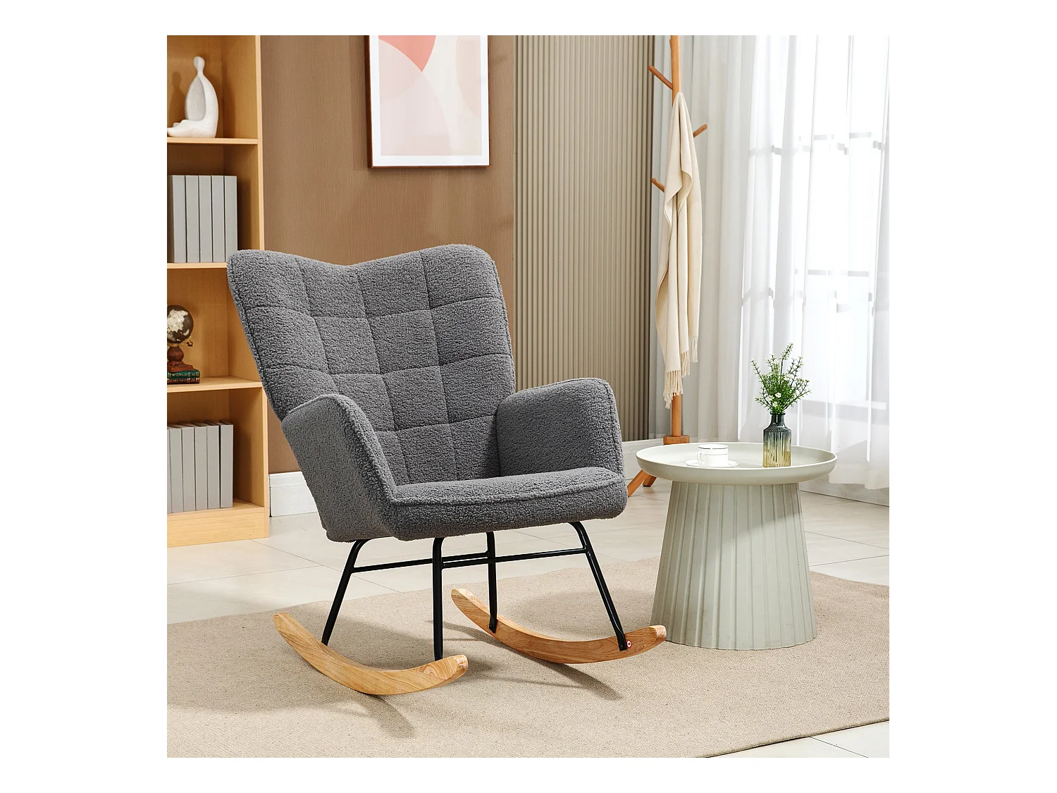 Fauteuil à bascule avec revêtement Berber, accoudoirs, structure bois et acier, gris foncé (71x98x101cm)