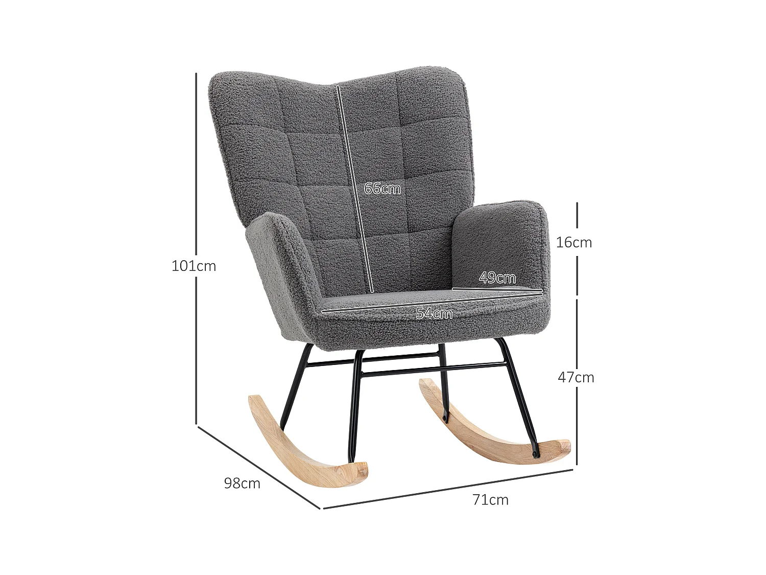 Fauteuil à bascule avec revêtement Berber, accoudoirs, structure bois et acier, gris foncé (71x98x101cm)