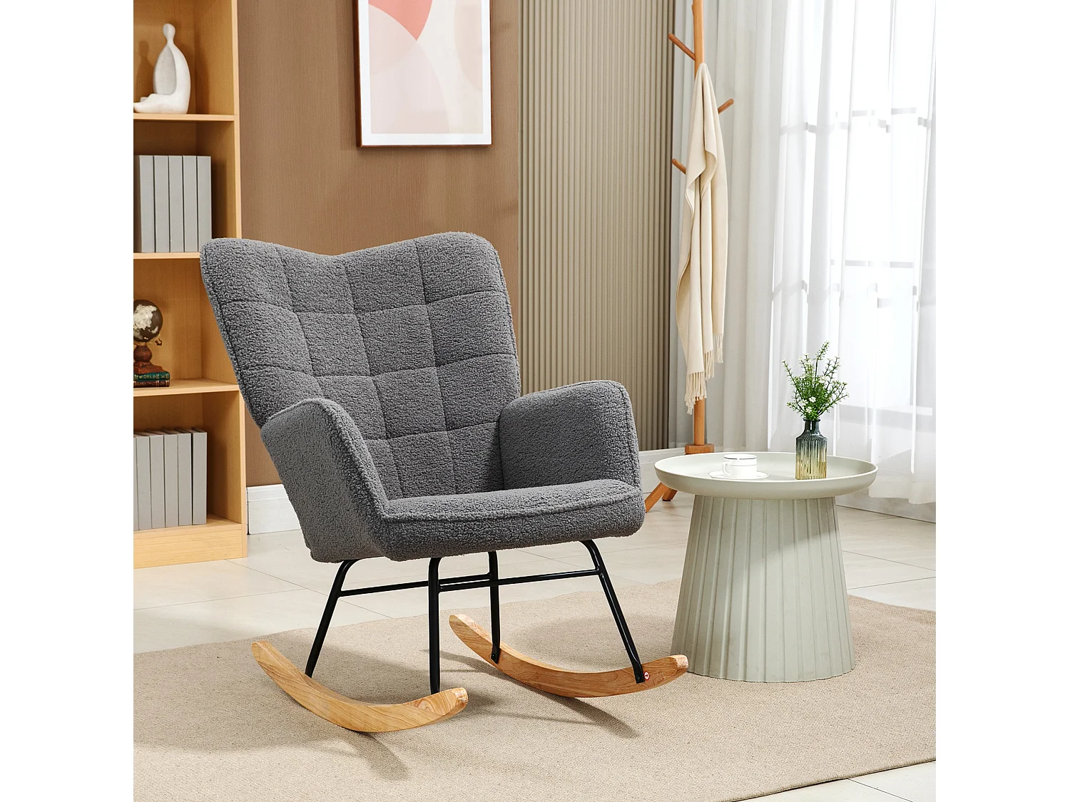 Fauteuil à bascule avec revêtement Berber, accoudoirs, structure bois et acier, gris foncé (71x98x101cm)