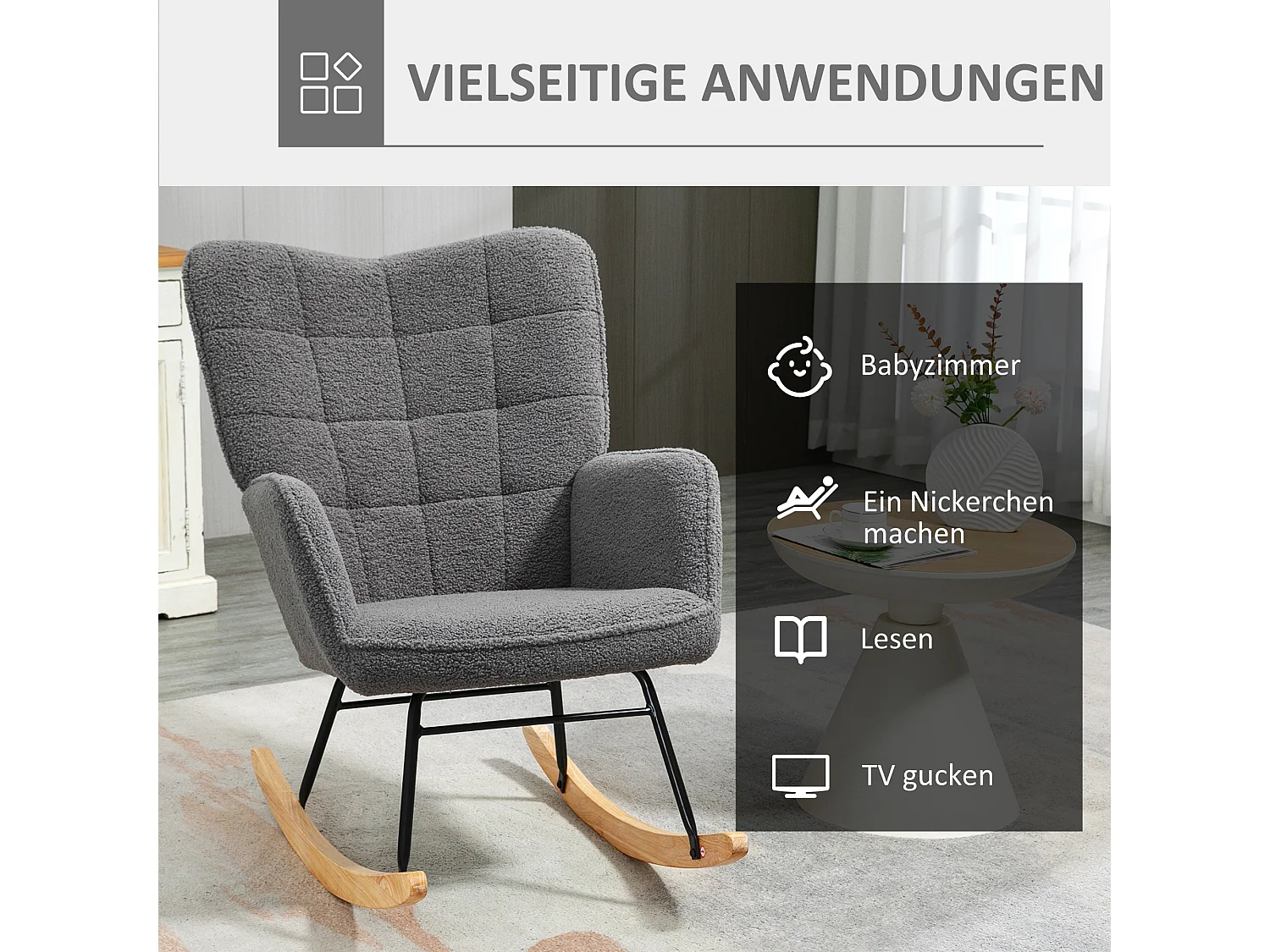 Fauteuil à bascule avec revêtement Berber, accoudoirs, structure bois et acier, gris foncé (71x98x101cm)