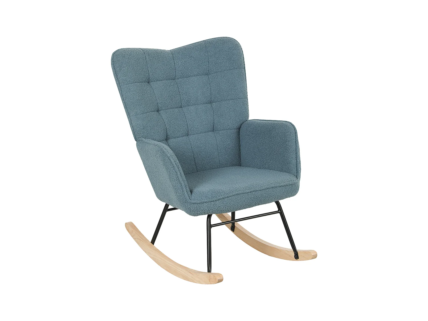 Fauteuil à bascule avec revêtement en laine berbère, accoudoirs, bois massif, bleu clair (98x71x101cm)