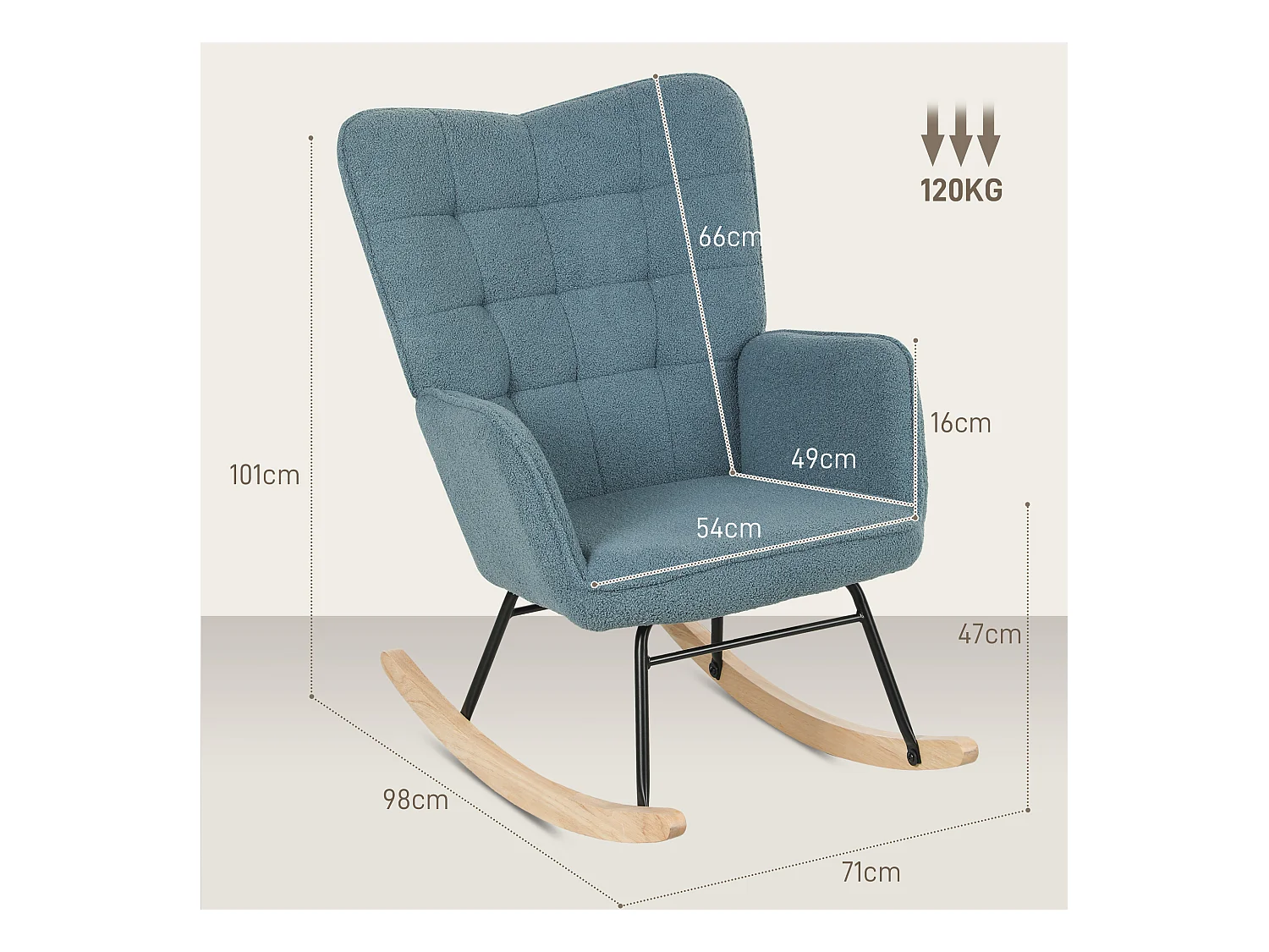 Fauteuil à bascule avec revêtement en laine berbère, accoudoirs, bois massif, bleu clair (98x71x101cm)