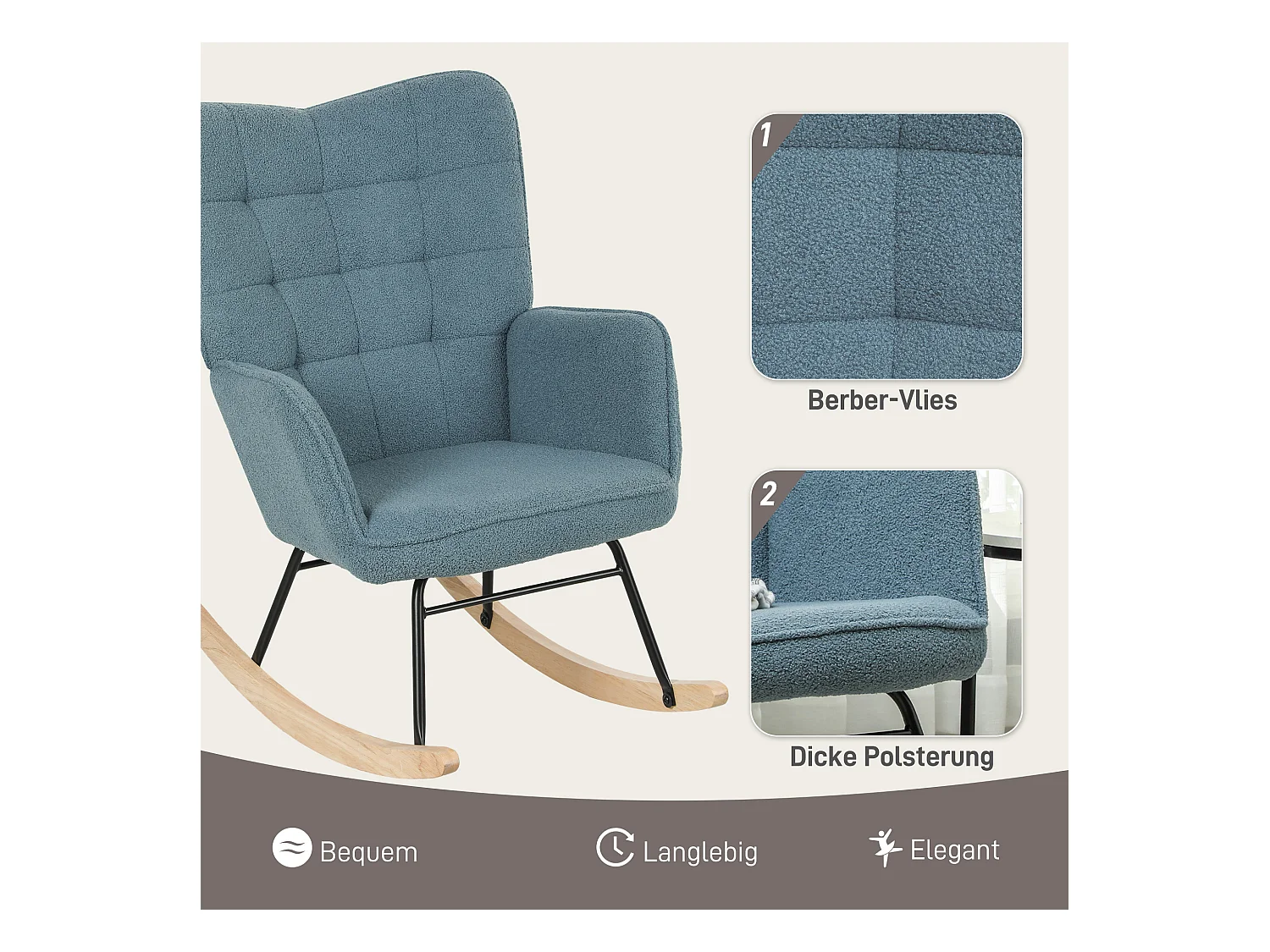 Fauteuil à bascule avec revêtement en laine berbère, accoudoirs, bois massif, bleu clair (98x71x101cm)