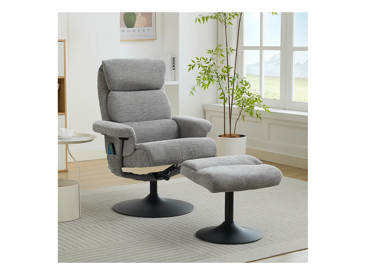 Sillón relax con función reclinable, masaje de 5 puntos, calefacción eléctrica, giro de 360°, tejido chenilla gris (77x75,5x100 cm)