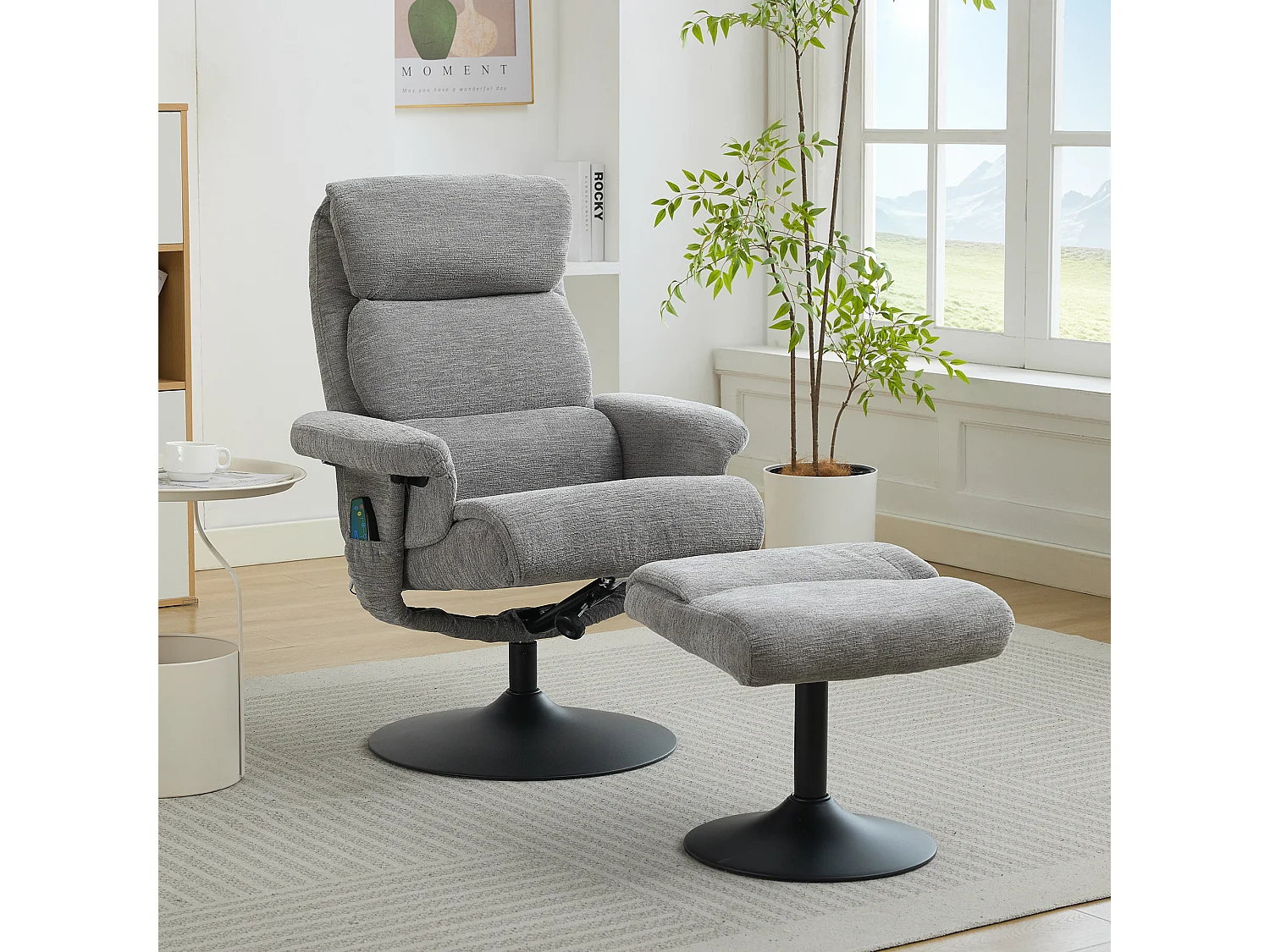 Relaxsessel avec fonction inclinable, massage à 5 points, chauffage électrique, 360° pivotant, tissu chenille gris (77x75.5x100 cm)