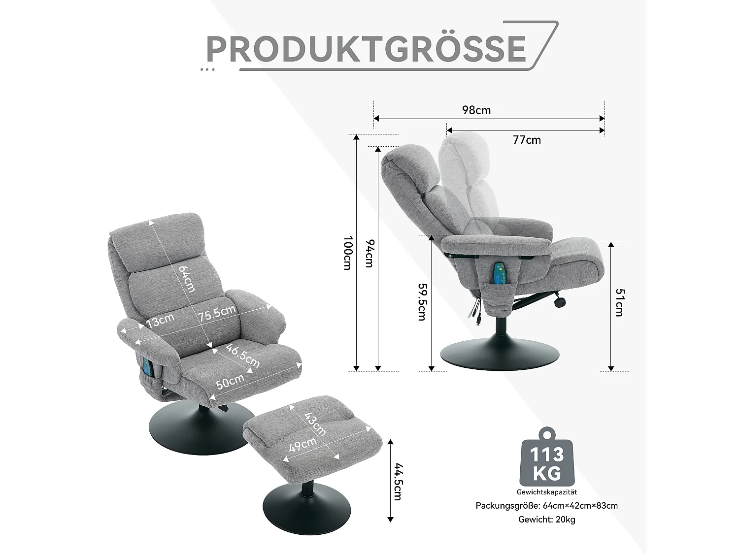Relaxsessel avec fonction inclinable, massage à 5 points, chauffage électrique, 360° pivotant, tissu chenille gris (77x75.5x100 cm)