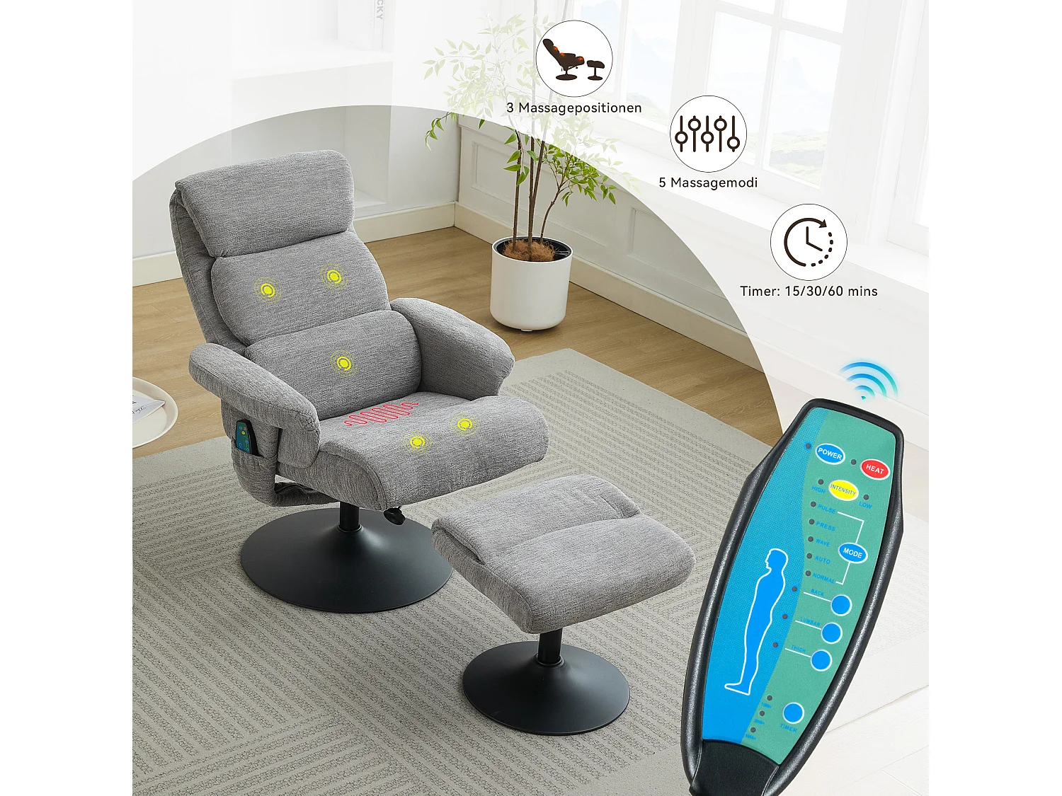 Relaxsessel avec fonction inclinable, massage à 5 points, chauffage électrique, 360° pivotant, tissu chenille gris (77x75.5x100 cm)