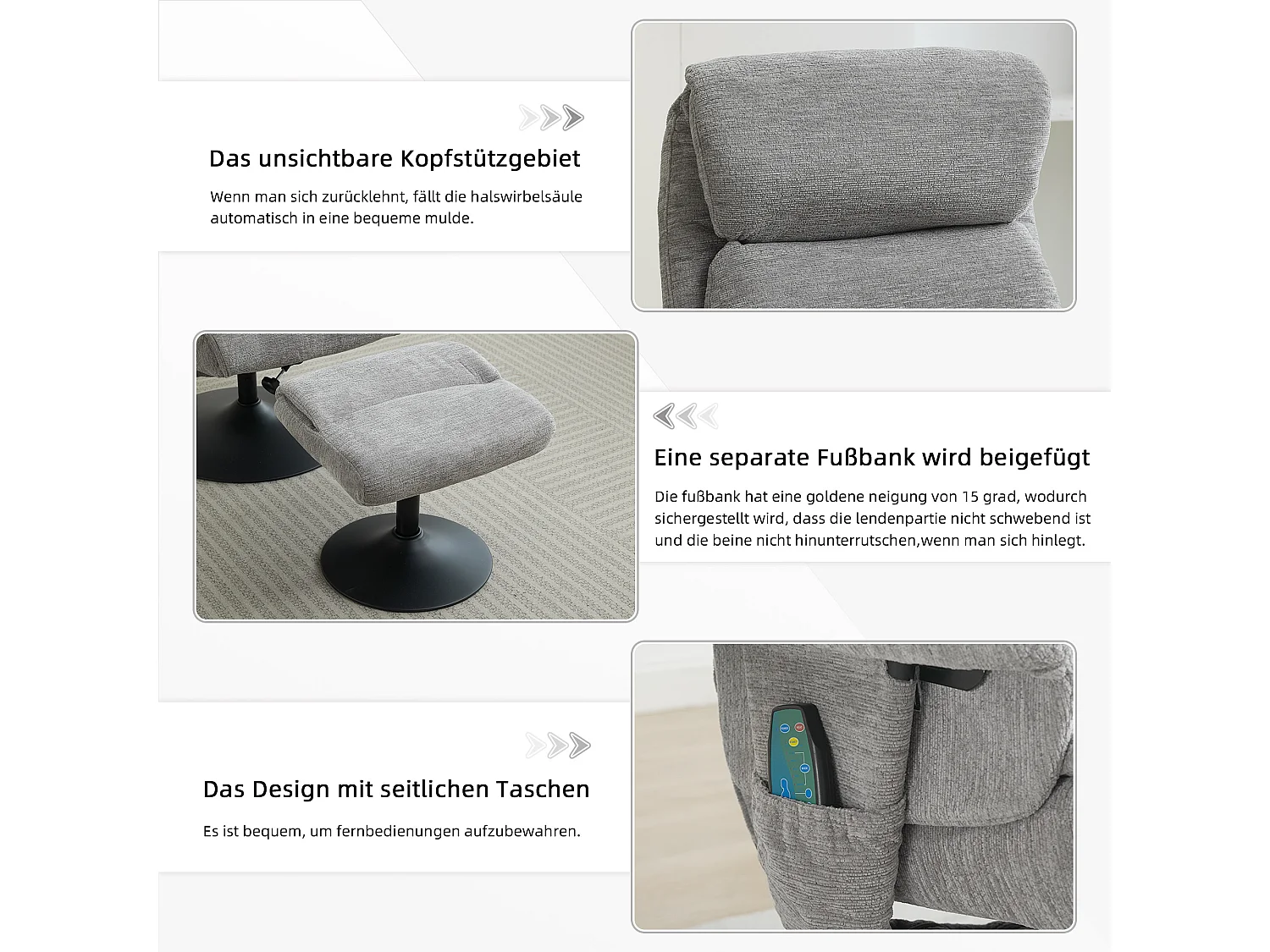 Relaxsessel avec fonction inclinable, massage à 5 points, chauffage électrique, 360° pivotant, tissu chenille gris (77x75.5x100 cm)