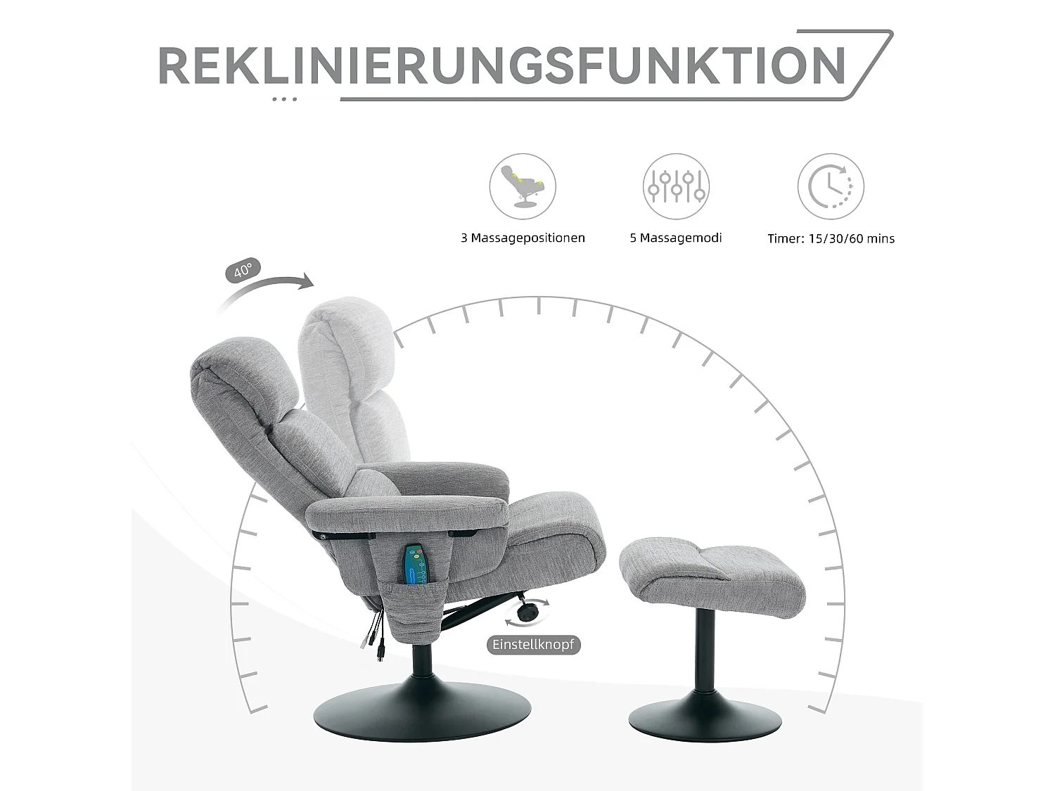 Relaxsessel avec fonction inclinable, massage à 5 points, chauffage électrique, 360° pivotant, tissu chenille gris (77x75.5x100 cm)
