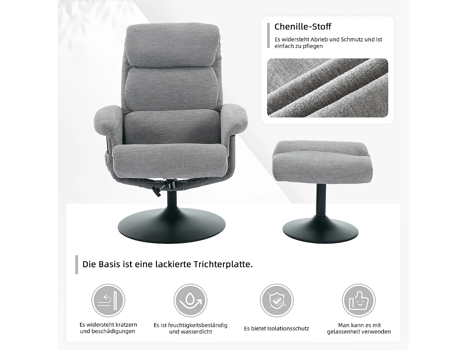 Relaxsessel avec fonction inclinable, massage à 5 points, chauffage électrique, 360° pivotant, tissu chenille gris (77x75.5x100 cm)