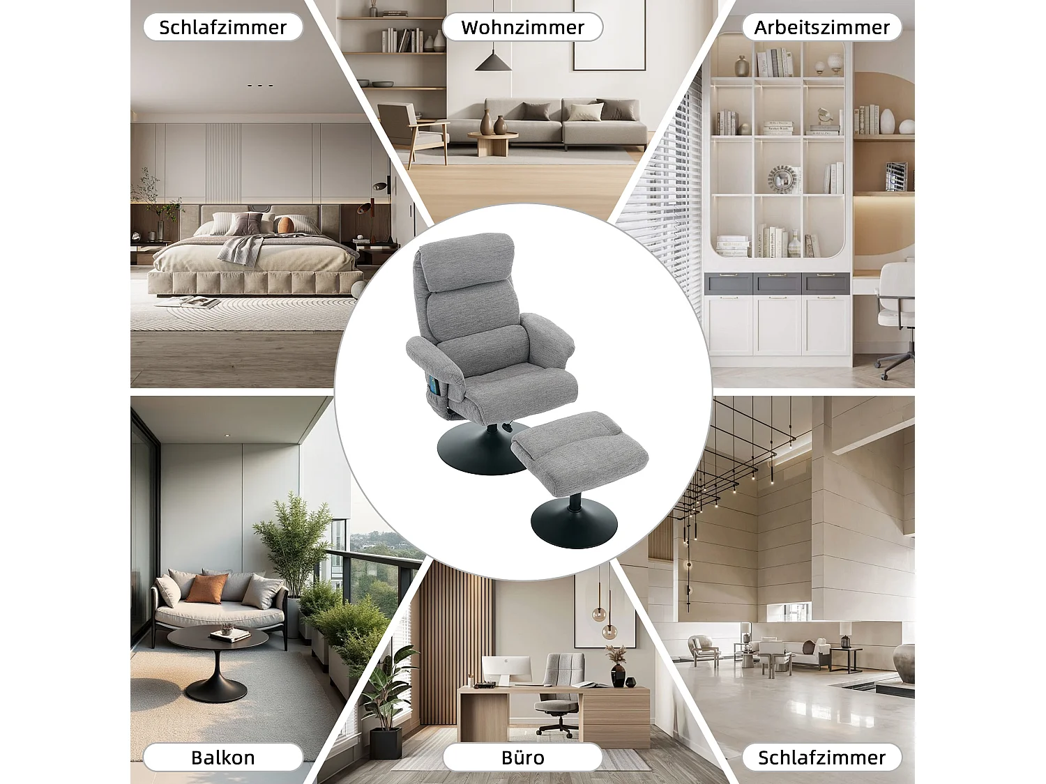 Relaxsessel avec fonction inclinable, massage à 5 points, chauffage électrique, 360° pivotant, tissu chenille gris (77x75.5x100 cm)