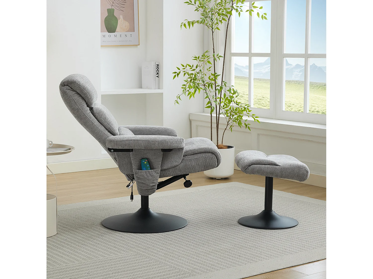 Relaxsessel avec fonction inclinable, massage à 5 points, chauffage électrique, 360° pivotant, tissu chenille gris (77x75.5x100 cm)