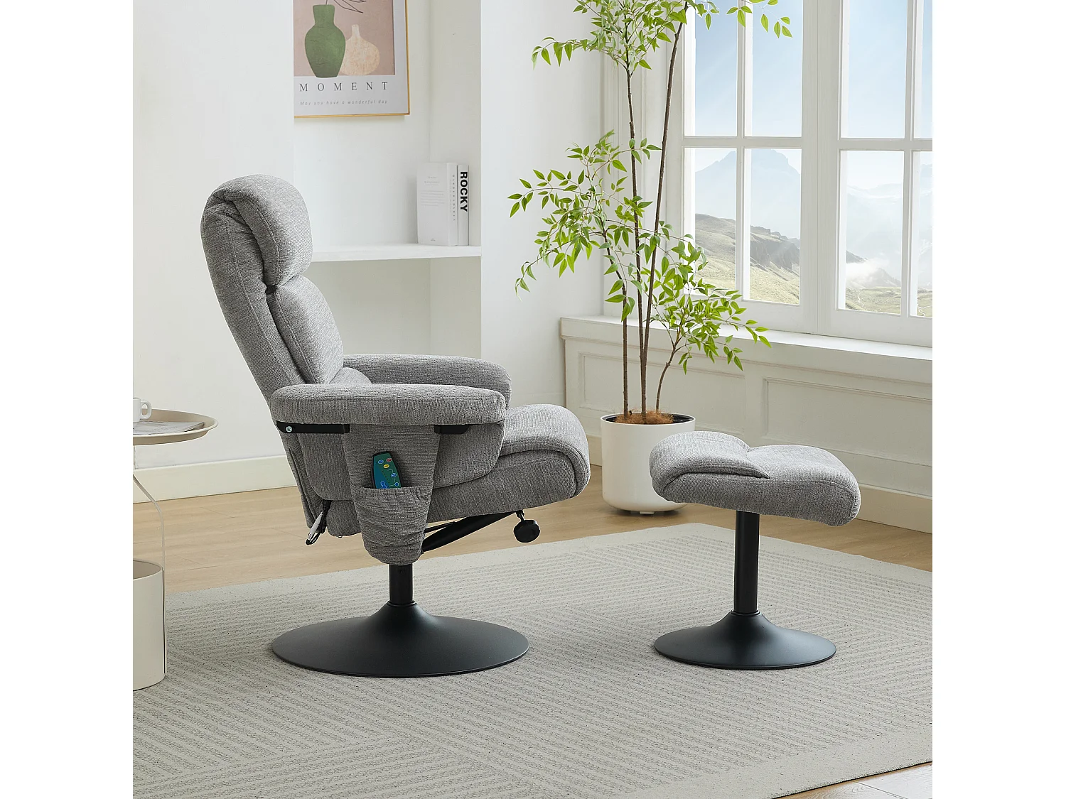 Relaxsessel avec fonction inclinable, massage à 5 points, chauffage électrique, 360° pivotant, tissu chenille gris (77x75.5x100 cm)
