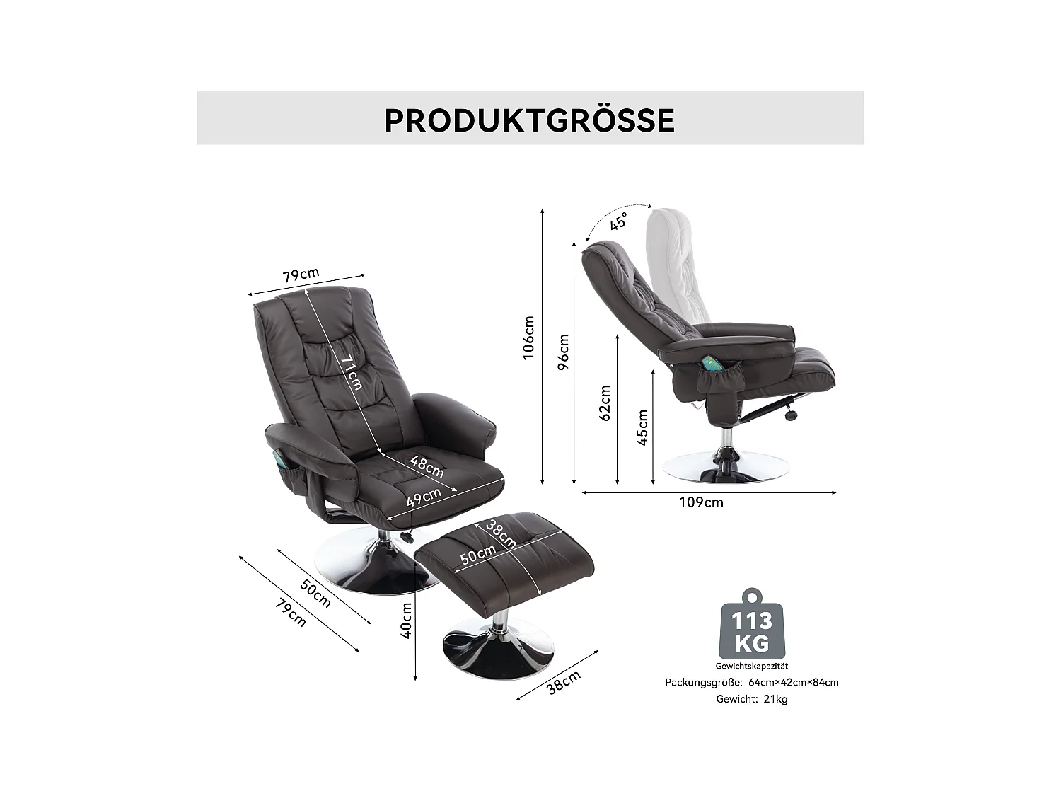 Fauteuil de massage avec PU, ottomane, 5 points de massage, base en bois incurvé, marron (79x79x106 cm)